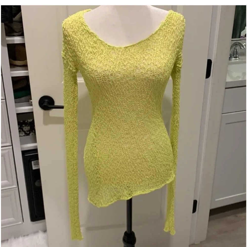 Remain yellow open knit long sleeve scoop neck top